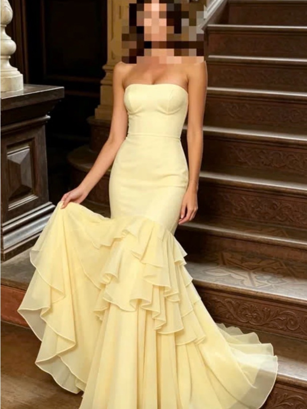 Strapless Ruffle-Hem Gown in Pale Yellow